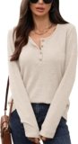 Women Long Sleeve Waffle Knit Tops Crew Neck Button Casual Loose T Shirt Fall and Winter Tee Top